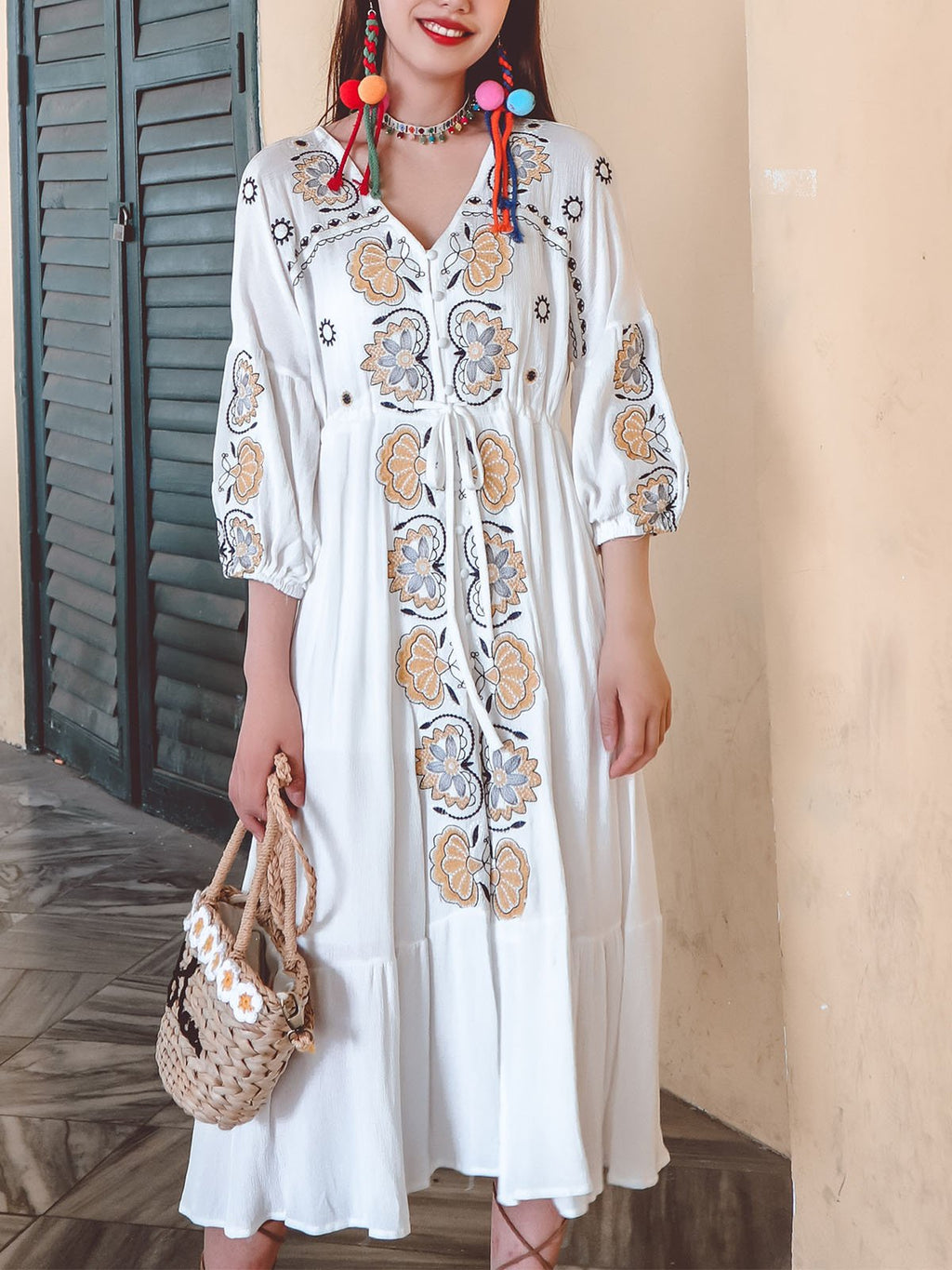 Bohemian Floral Embroidered V Neck 3/4 Sleeves Front Split Button Maxi Boho Dress