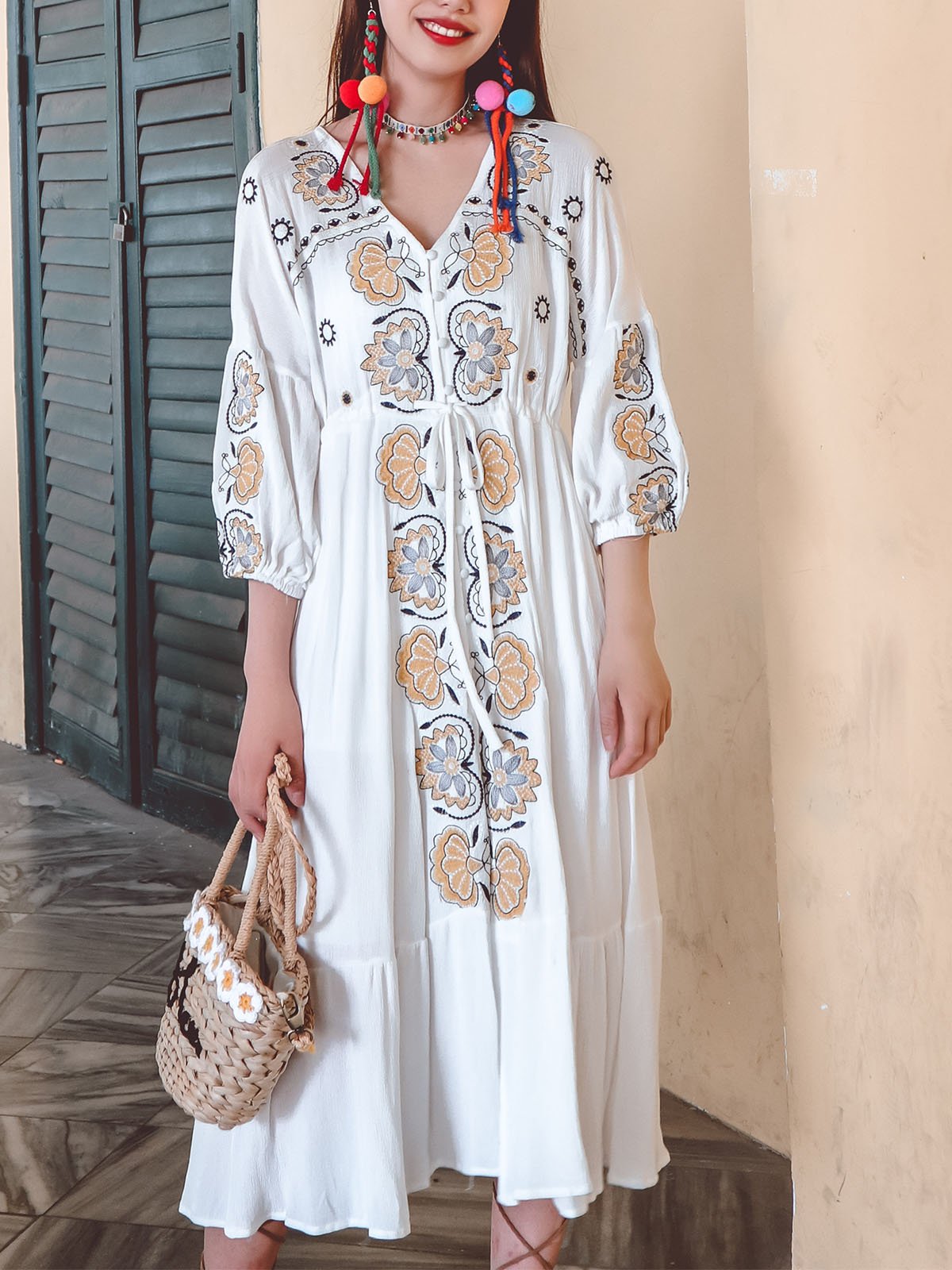 Bohemian Floral Embroidered V Neck 3/4 Sleeves Front Split Button Maxi Boho Dress