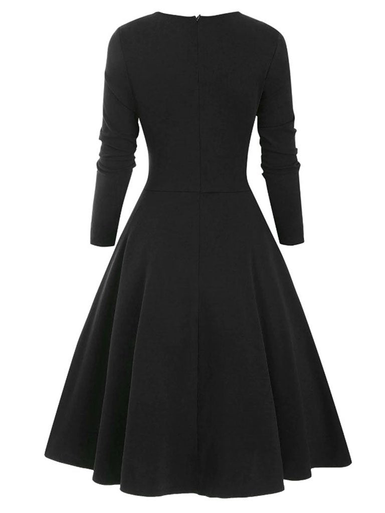 1950S Bow Heart Collar Plaid Long Sleeve Swing Dress
