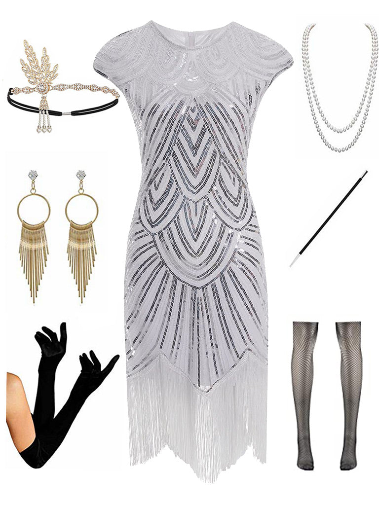 Pink Dress 20s 1920s Gatsby Sequined Fringed Flapper Dress Set