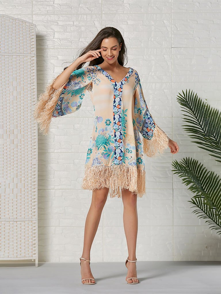 Boho Dress Fringe Floral Printed Midi Length Dress