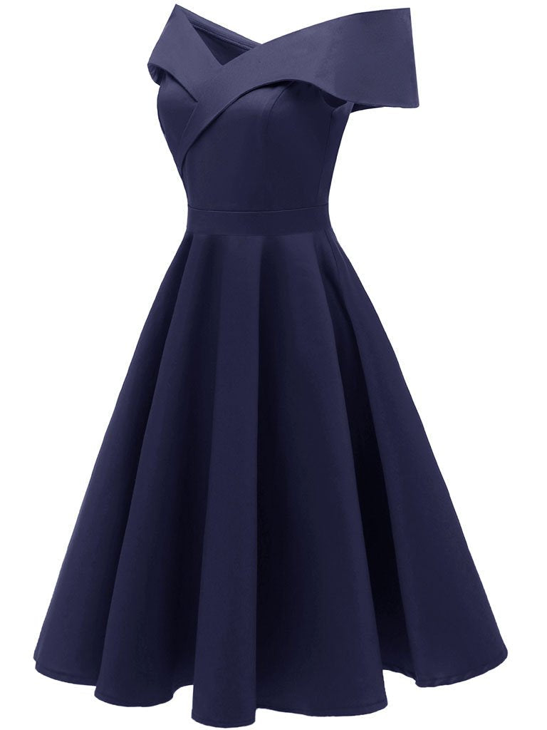 Navy 1950s Off Shoulder Swing Vintage Party Dress