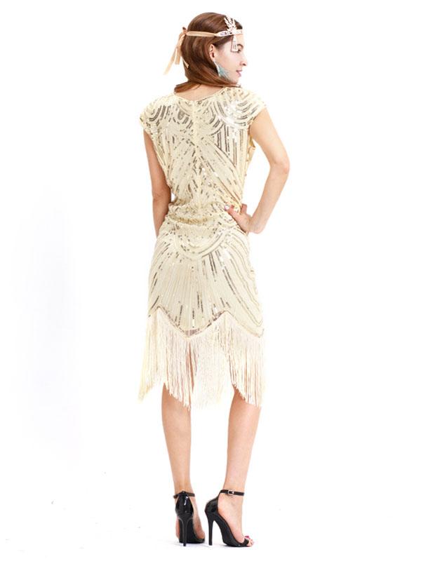 Gold 1920s Crew Neck  Cape Sequined Fringed Flapper Dres