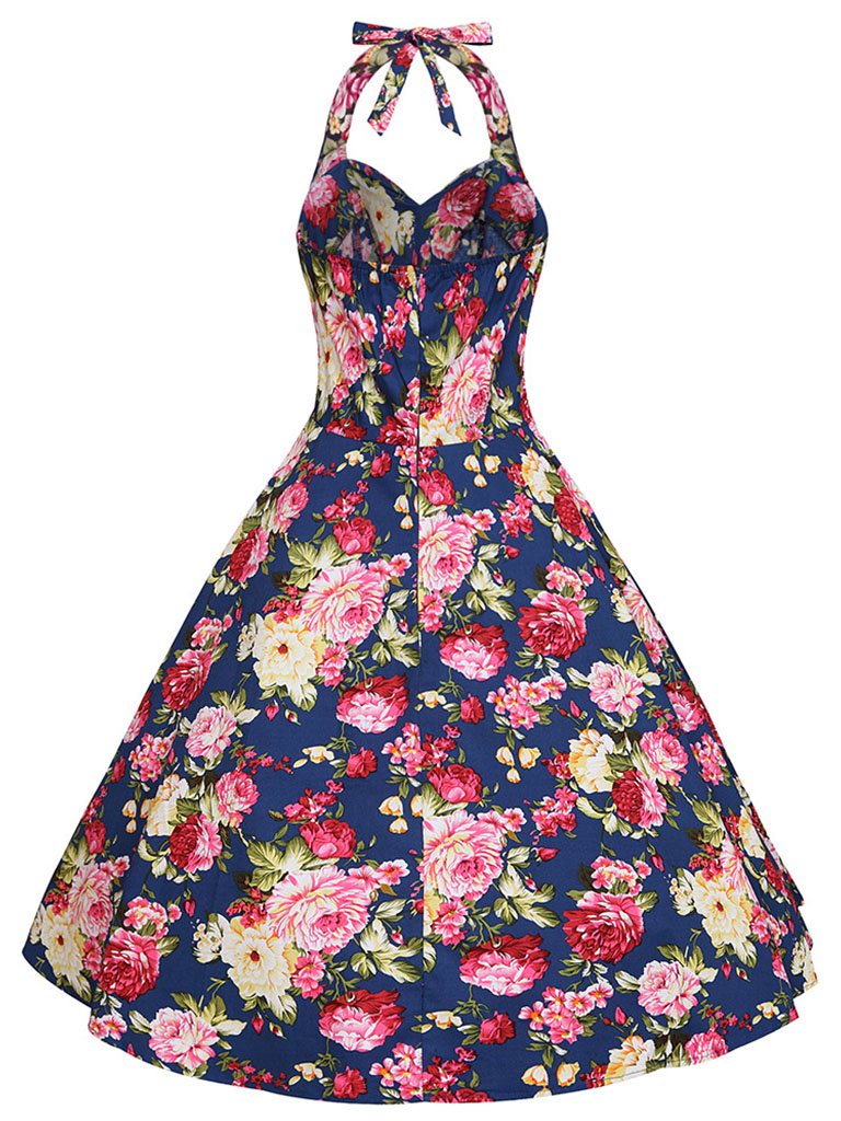 Sweet Floral Halter Cotton 50s Swing Dress
