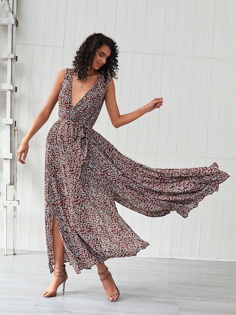 Boho Dress Deep V Neck Split Floral Printed Maxi Dress