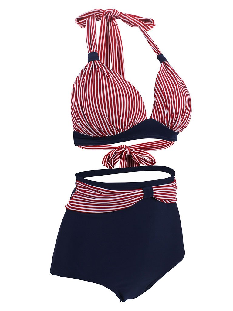 Concise Backless Retro Style Striated Two Pieces Bikini Bathing Suit