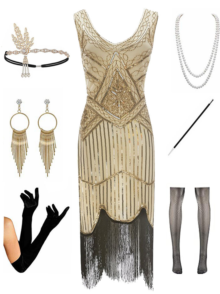 Sequined Fringed Flapper 20S Dress Set