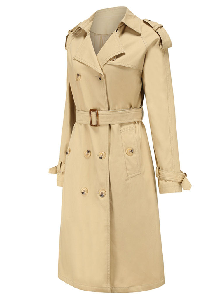 Trench Coat Going out Fall Winter Turndown Collar Button Waisted Solid Color Long Coat