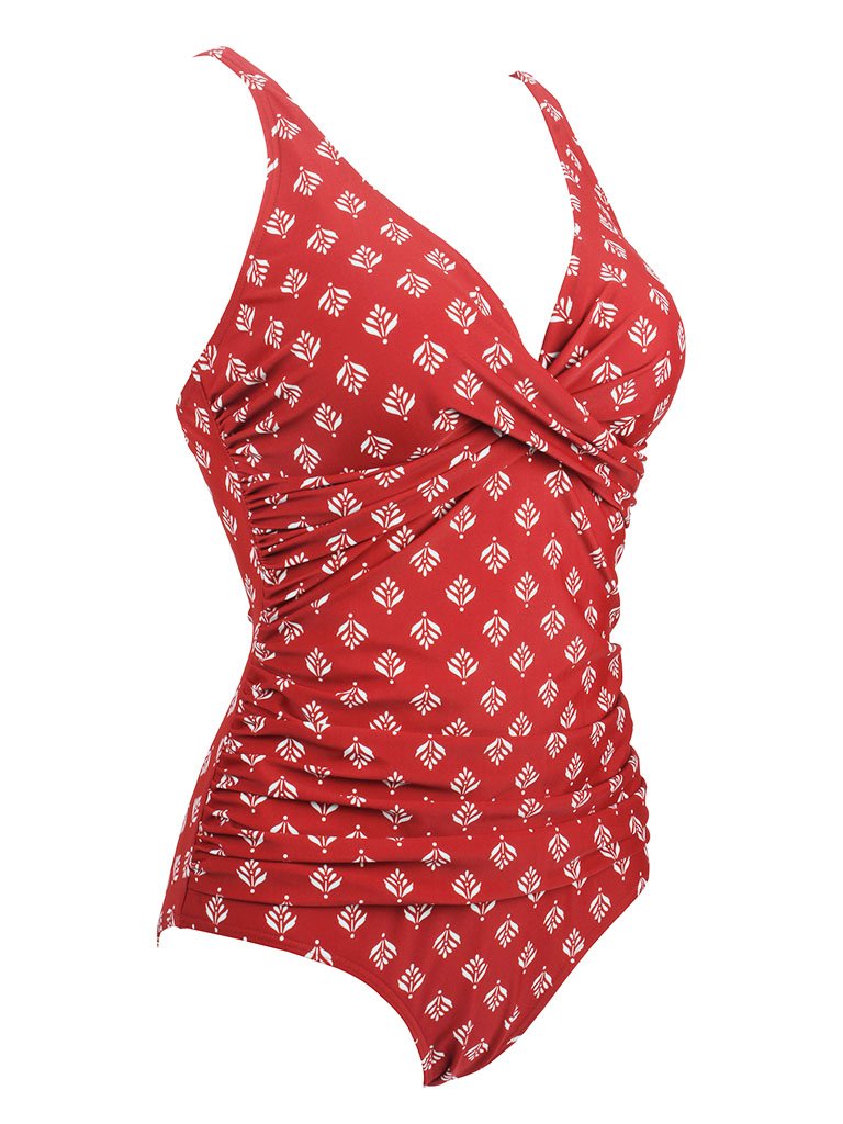 Printed Red Background Retro Style One Piece Backless Trigonal Bikini Set