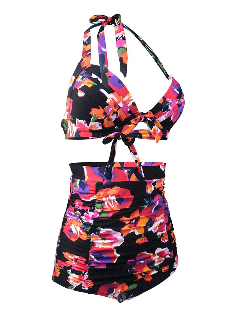Floral Print Halter Backless Retro Style Binikis Swimwear Bathing Suit