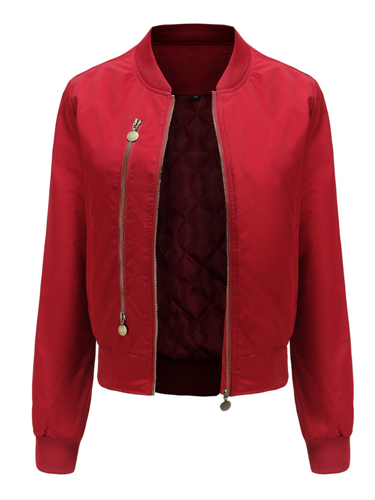 Pilot Style Jacket Daily Zippered Fall Winter Casual Solid Color Stand Collar Sporty Jacket For Women