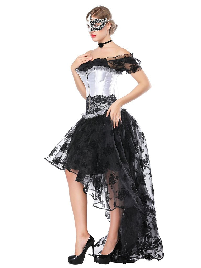 Gothic Costume Halloween Black Lace Short Sleeve Top Corset And Asymmetrical Skirt