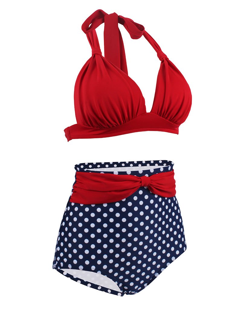 Concise Backless Retro Style Solid Red Two Pieces Bikini Bathing Suit