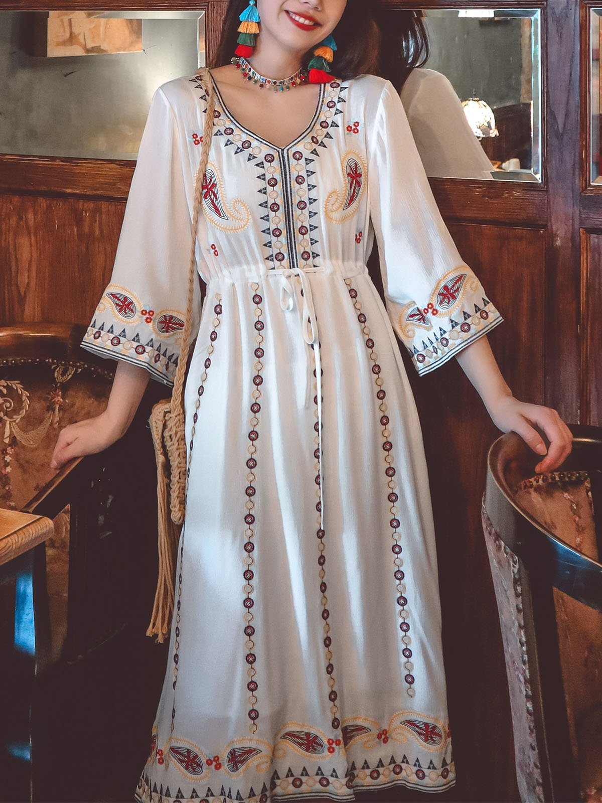 Bohemian Floral Embroidered V Neck 3/4 Flared Sleeves Boho Dress