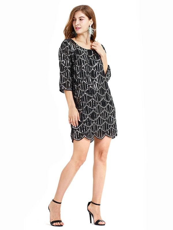 Black 1920s Crew Neck Sequined Flapper Dress