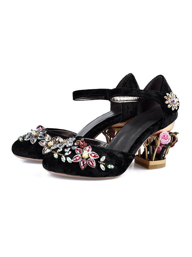 Luxury Womens Sheepskin Pointed Toe Flowers Rhinestones Mary Jane Vintage Pumps