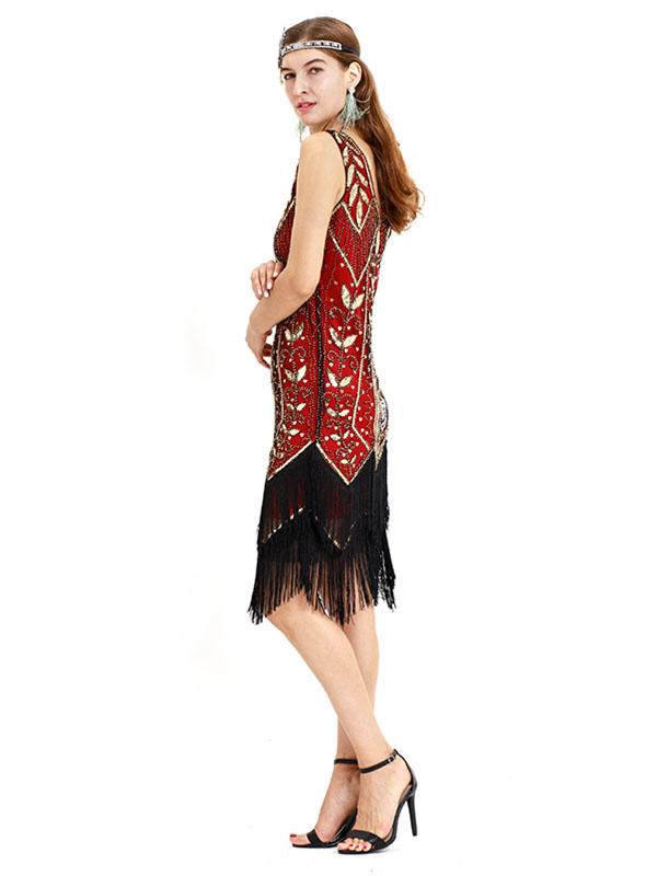 Wine Red 1920s V Neck Sequined Fringed Flapper Dres