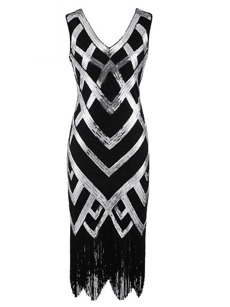 Black 1920S Retro Sequin Fringed Flapper Dress