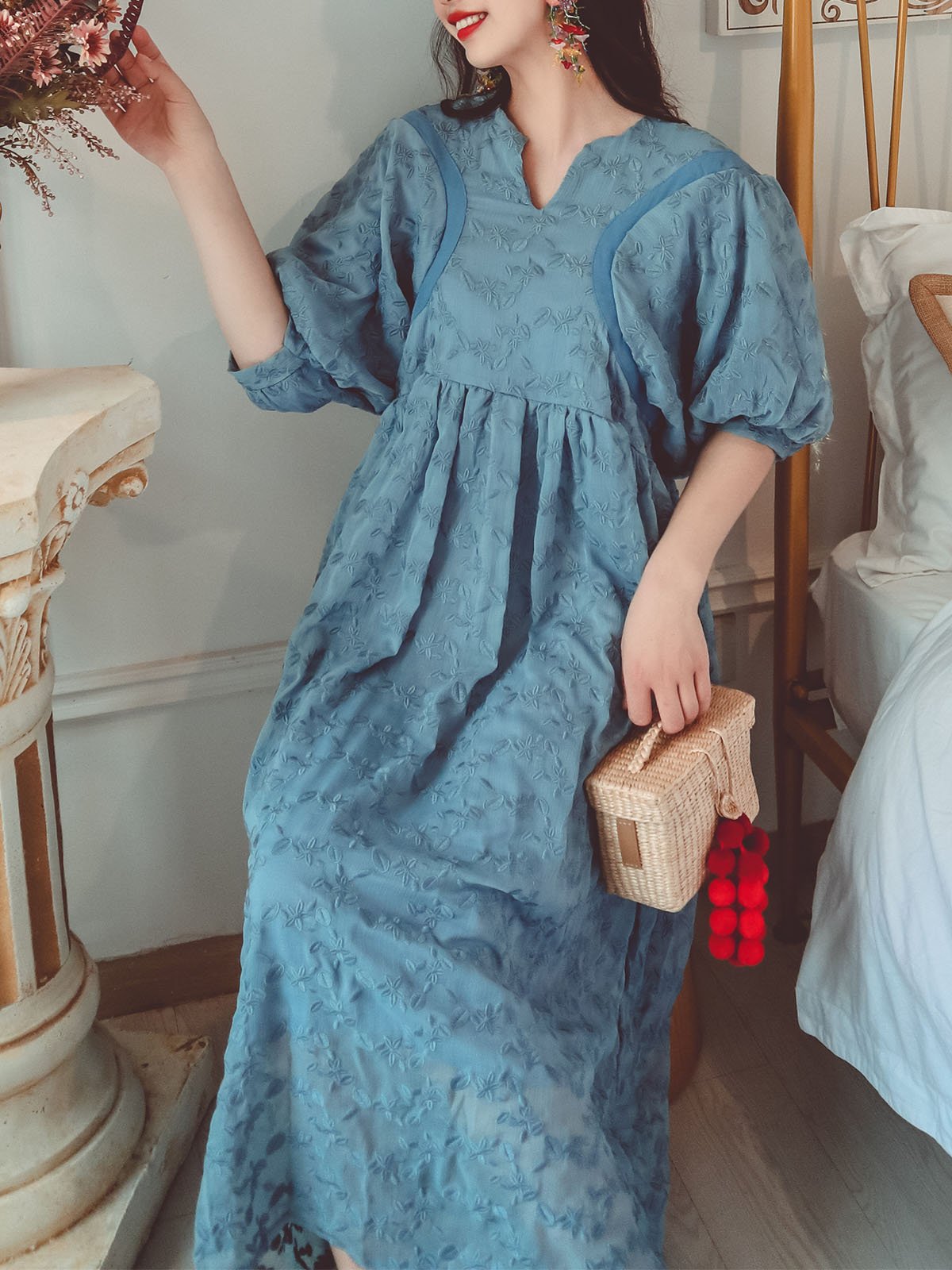 Embroidered Floral Lace Solid Backgrand V Neck Half Sleeve Maxi Boho Dress