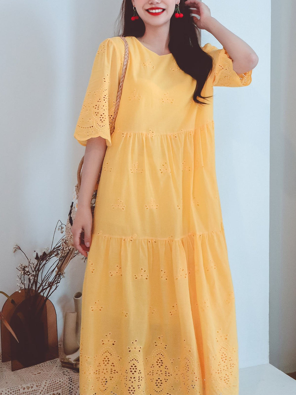 Jolly Vintage Embroidered Solid Backgrand Half Sleeves Boho Midi Dress