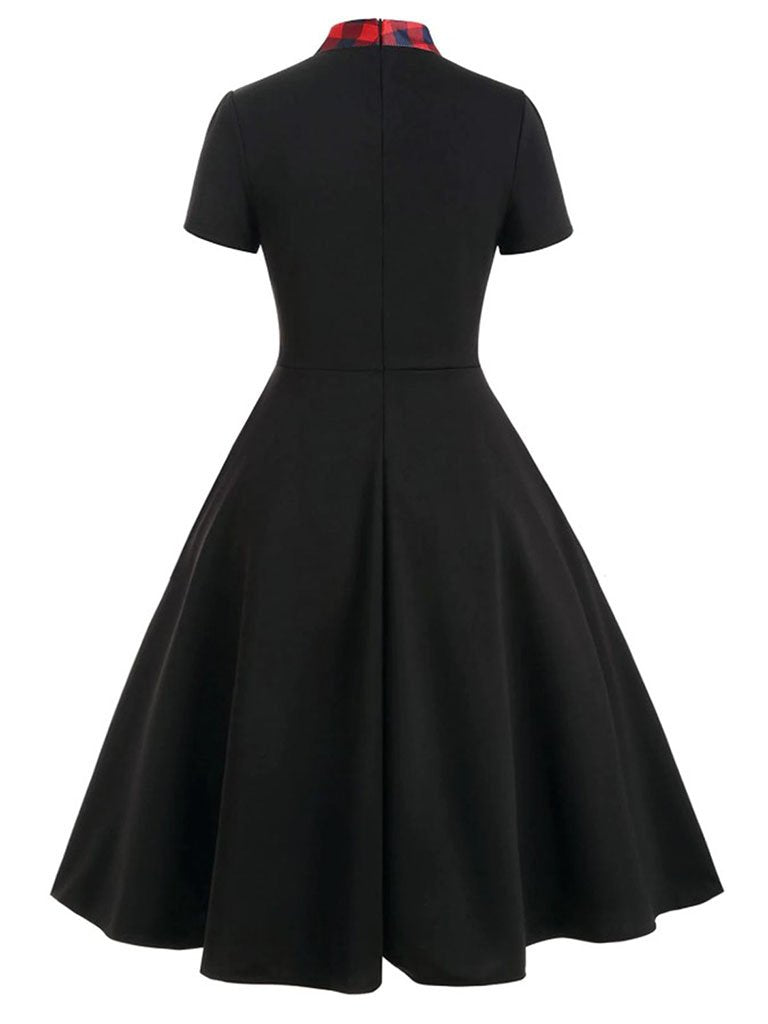 1950S Bow Collar Plaid Swing Dress