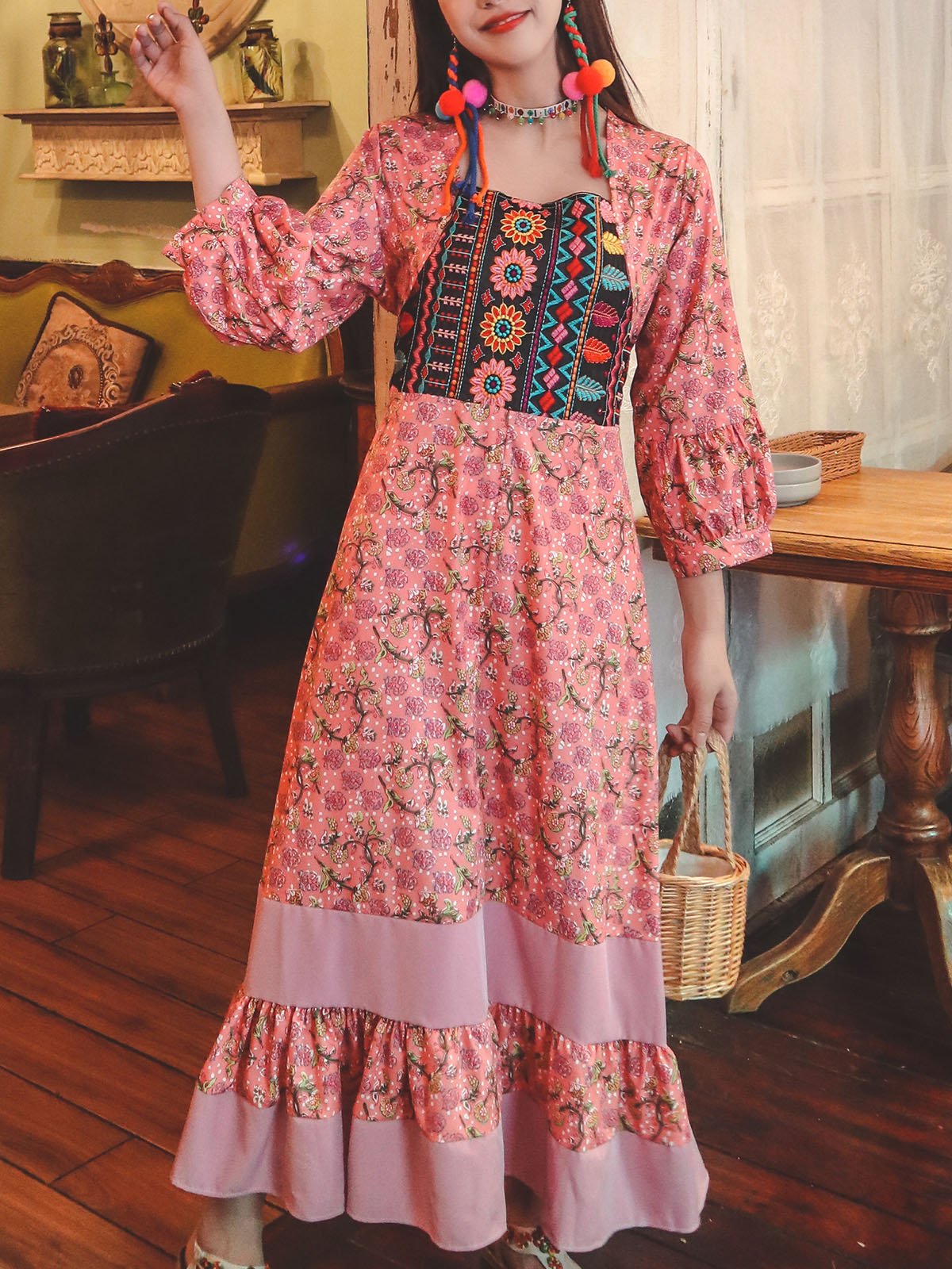 Bohemian Floral Printed Embroidered Square Neck 3/4 Pleated Sleeve Boho Maxi Dress