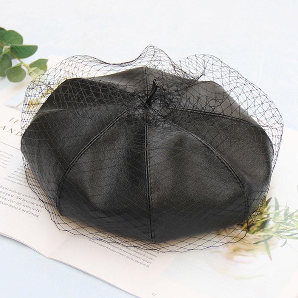 Black Faux Leather Beret Hat Cap