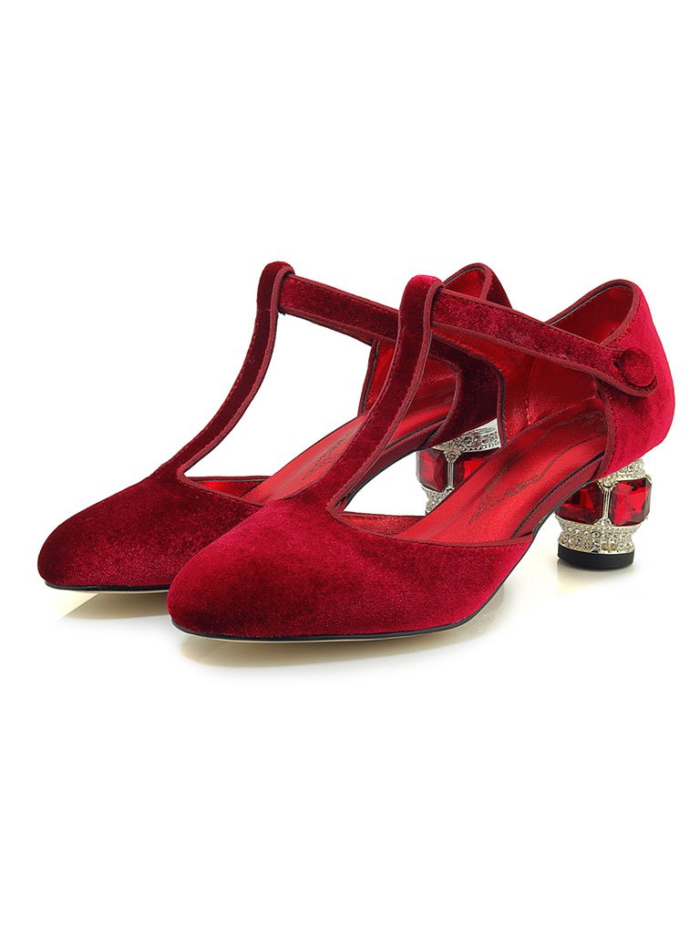 Velvet Rhinestone Chunky Heel  Vintage Shoes