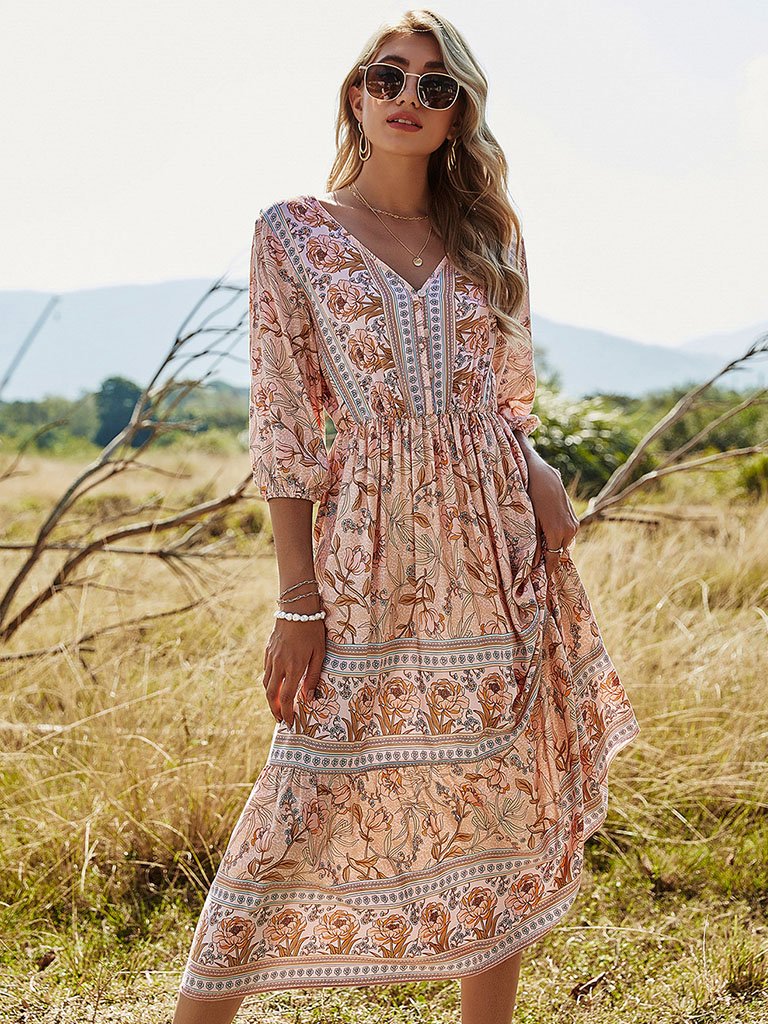 Floral Boho Dress Half Sleeve V Neck Beach Party Dress
