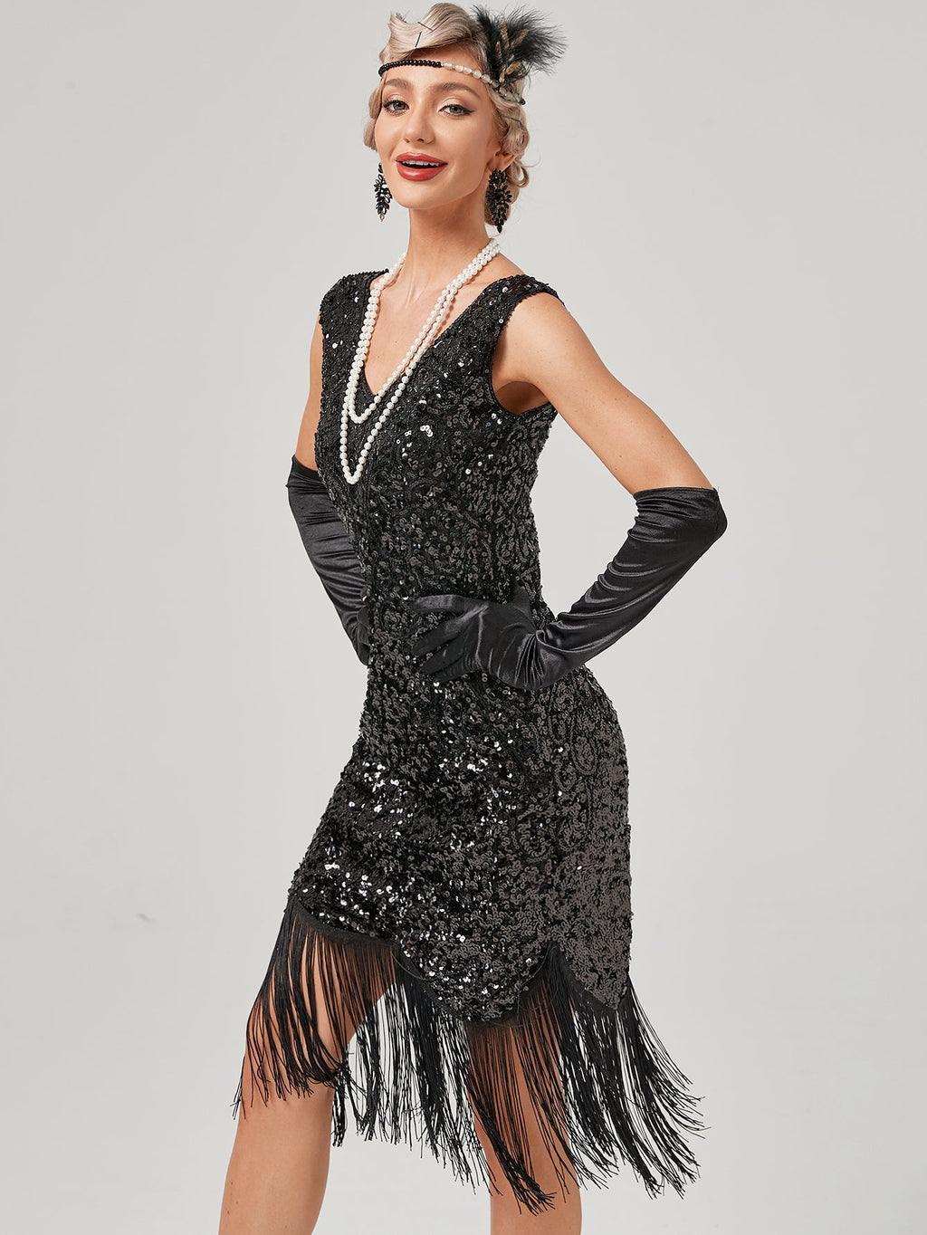 Pink V Neck Sequined Beaded Tassels 1920S Gatsby Dress