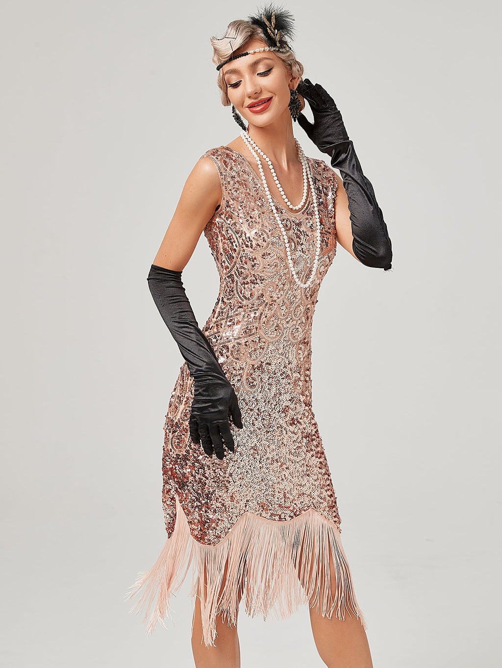 Pink V Neck Sequined Beaded Tassels 1920S Gatsby Dress