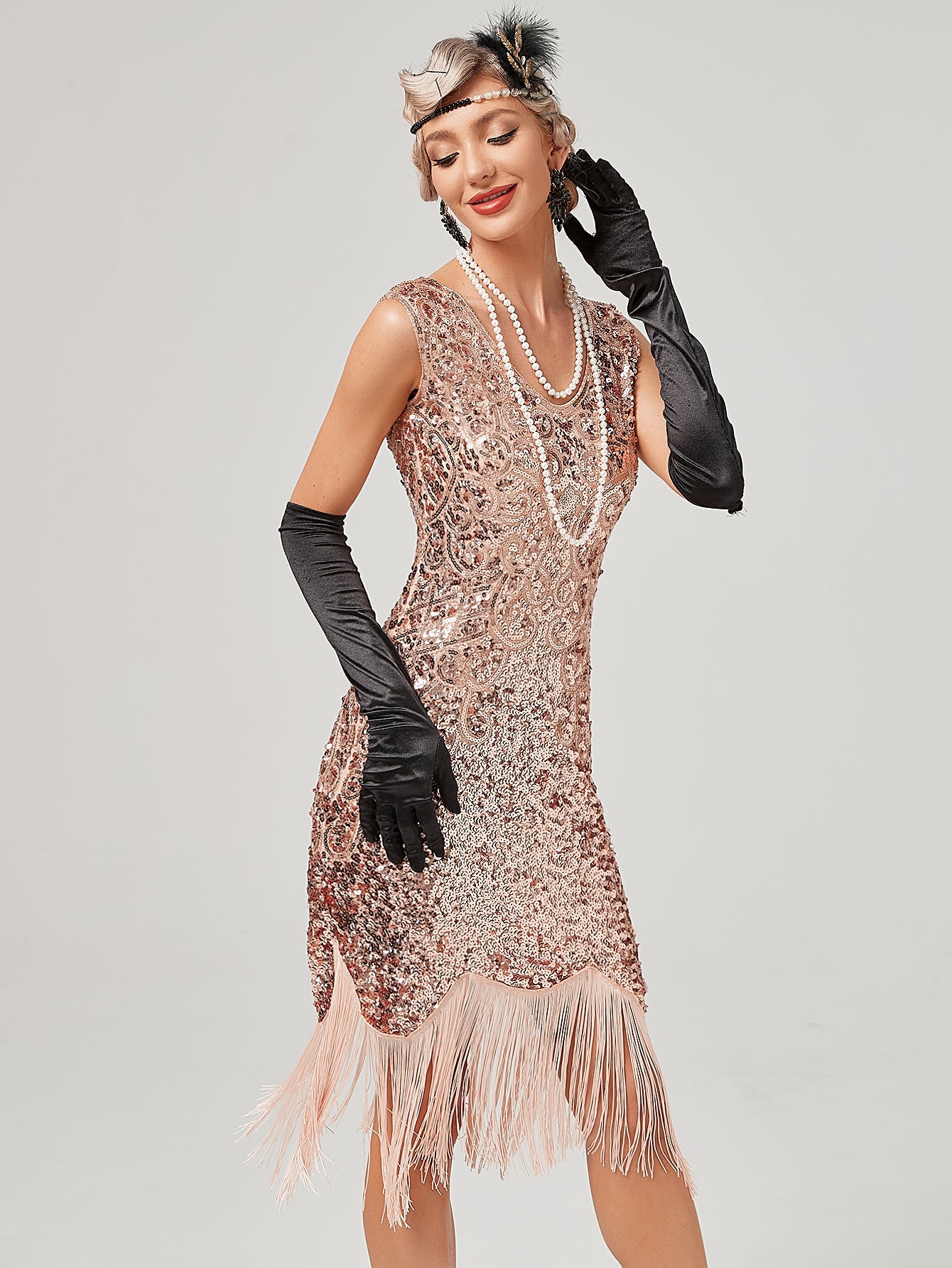 Pink V Neck Sequined Beaded Tassels 1920S Gatsby Dress