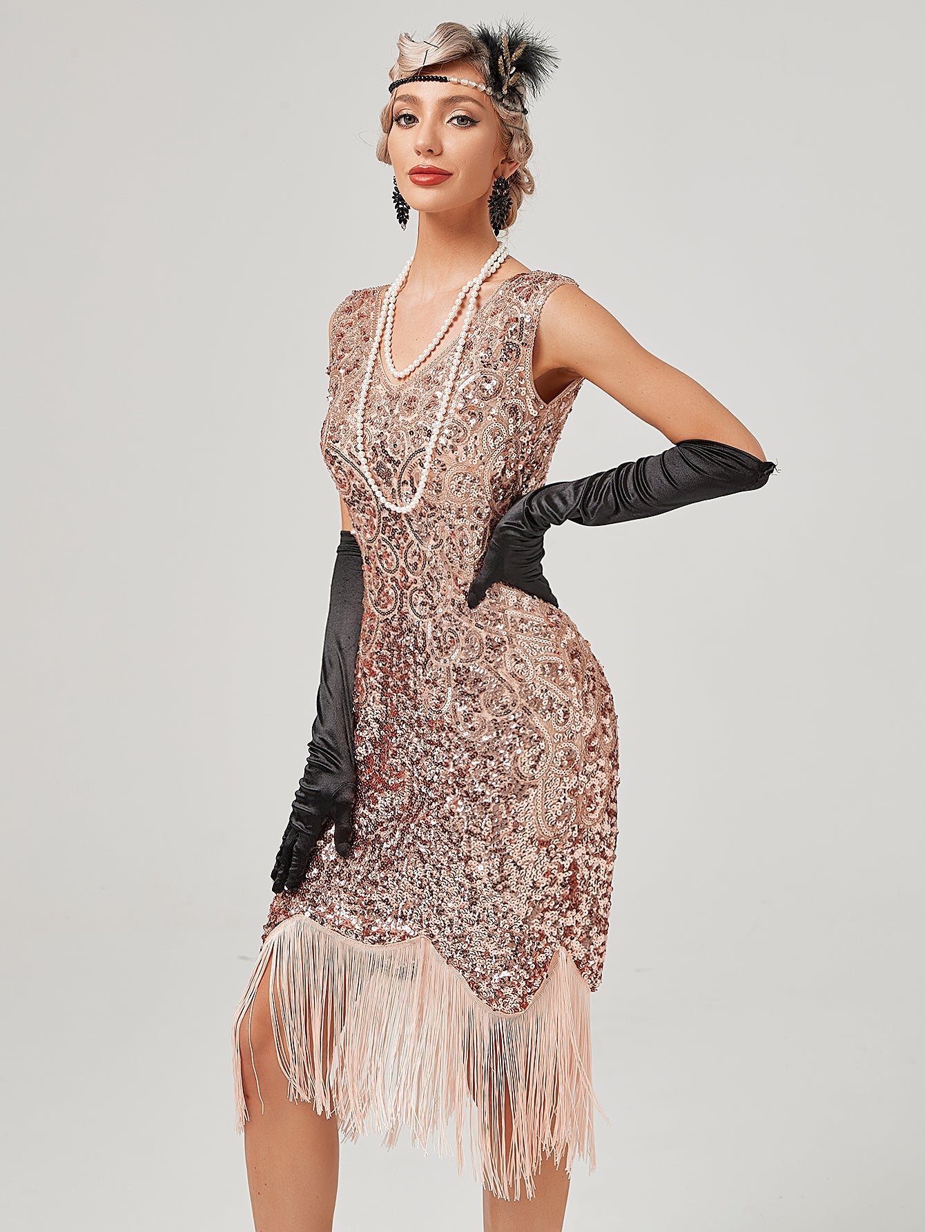 Pink V Neck Sequined Beaded Tassels 1920S Gatsby Dress