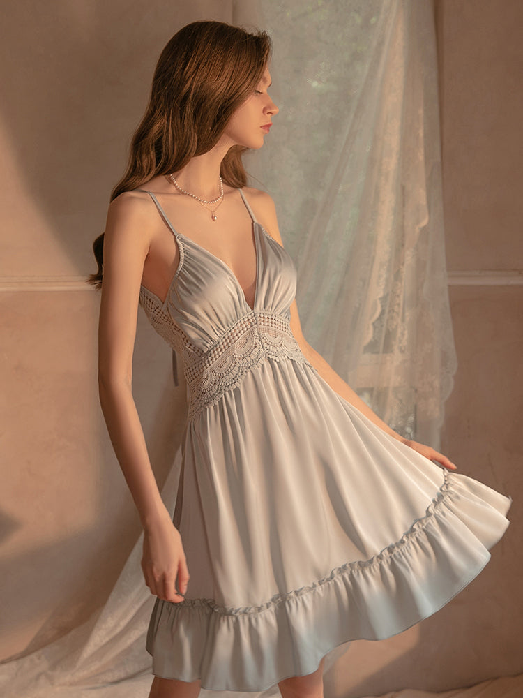 Chemise White Spaghetti Strap Backless Lace Lingerie