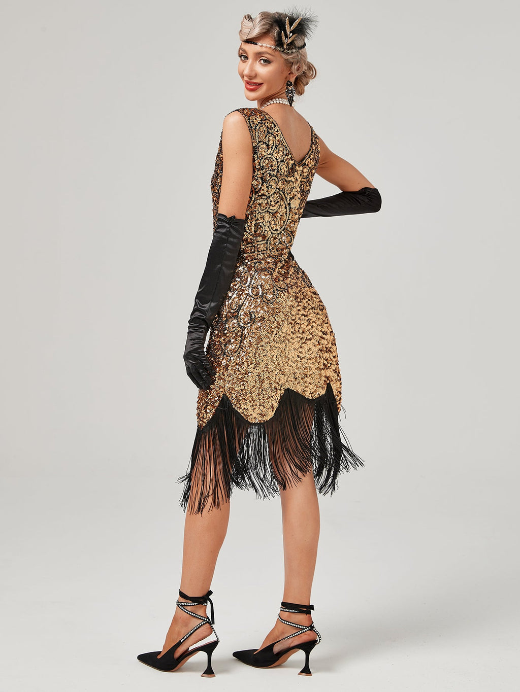 Pink V Neck Sequined Beaded Tassels 1920S Gatsby Dress