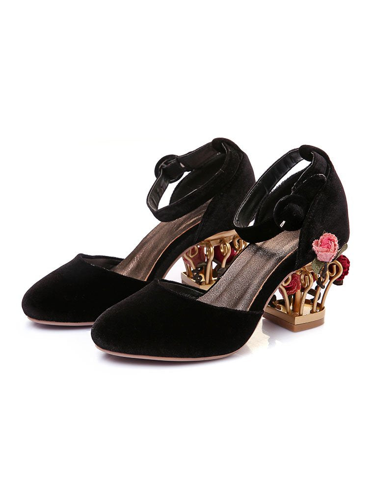 Luxury Velvet Shoes Round Toe Gold Metallic Fretwork Floral Heels