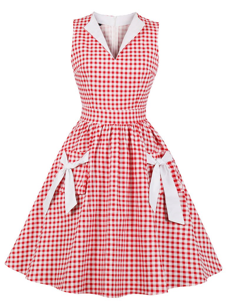 1950s V Neck Red Plaid Vintage Dress