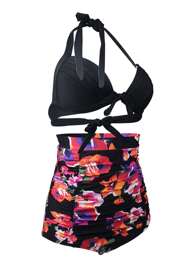 Black Floral Print Halter Backless Retro Style Binikis Swimwear Bathing Suit