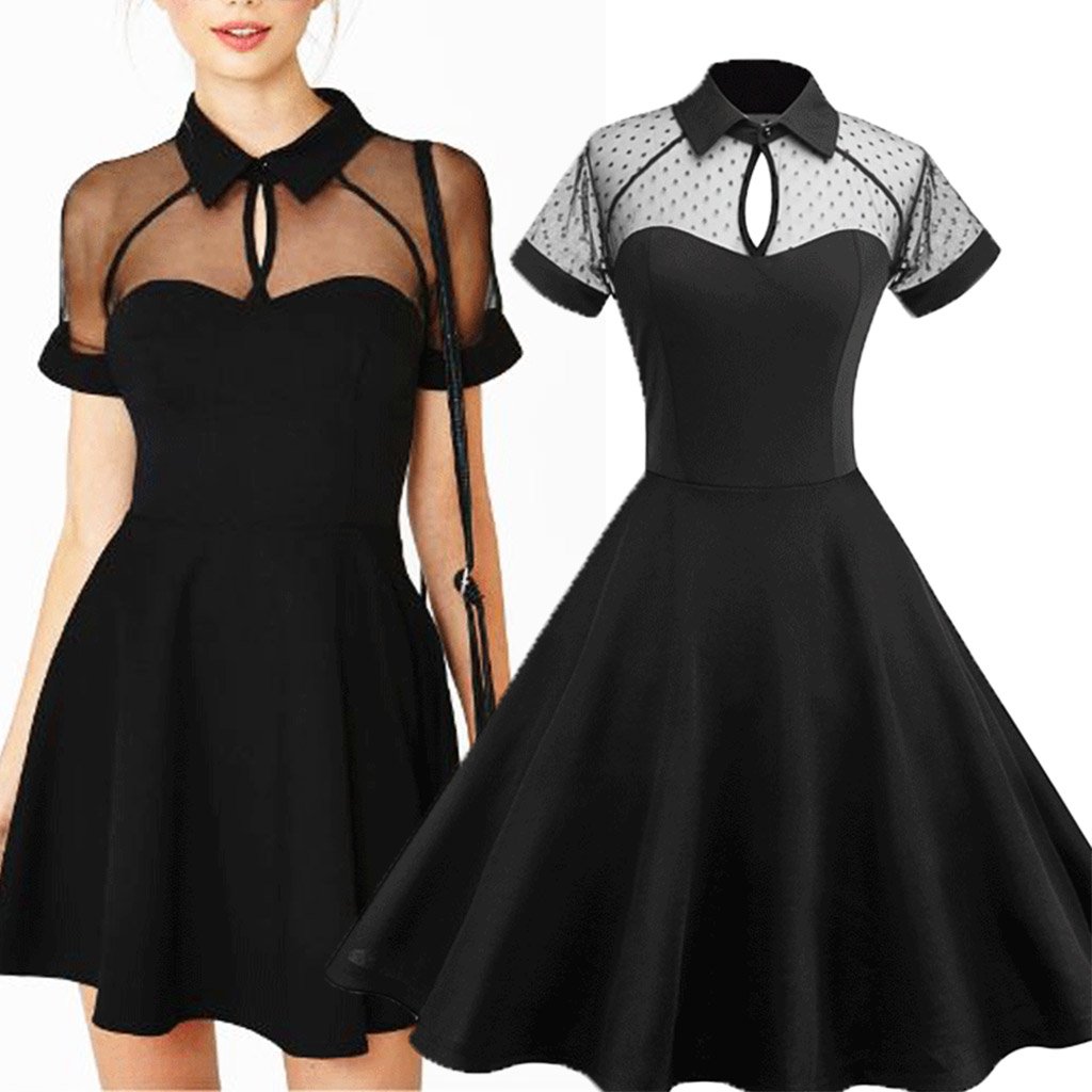Elegant Keyhole Semi Sheer Short Sleeve Vintage Dress