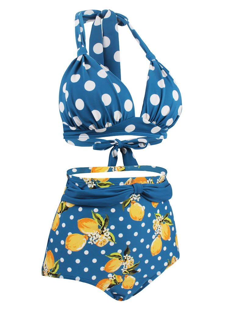 Classical Vintage Style Dots And Floral Two Pieces Bikini Sets