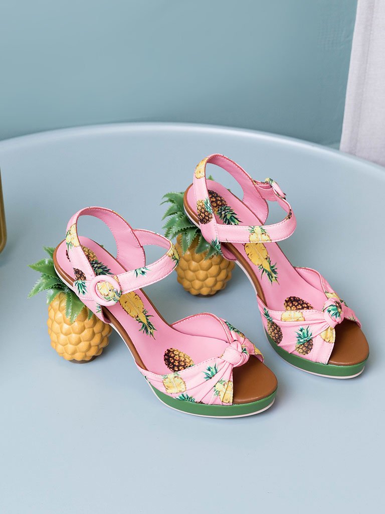 Fruit Heel Pineapple Print Platform Bow Vintage Sandals