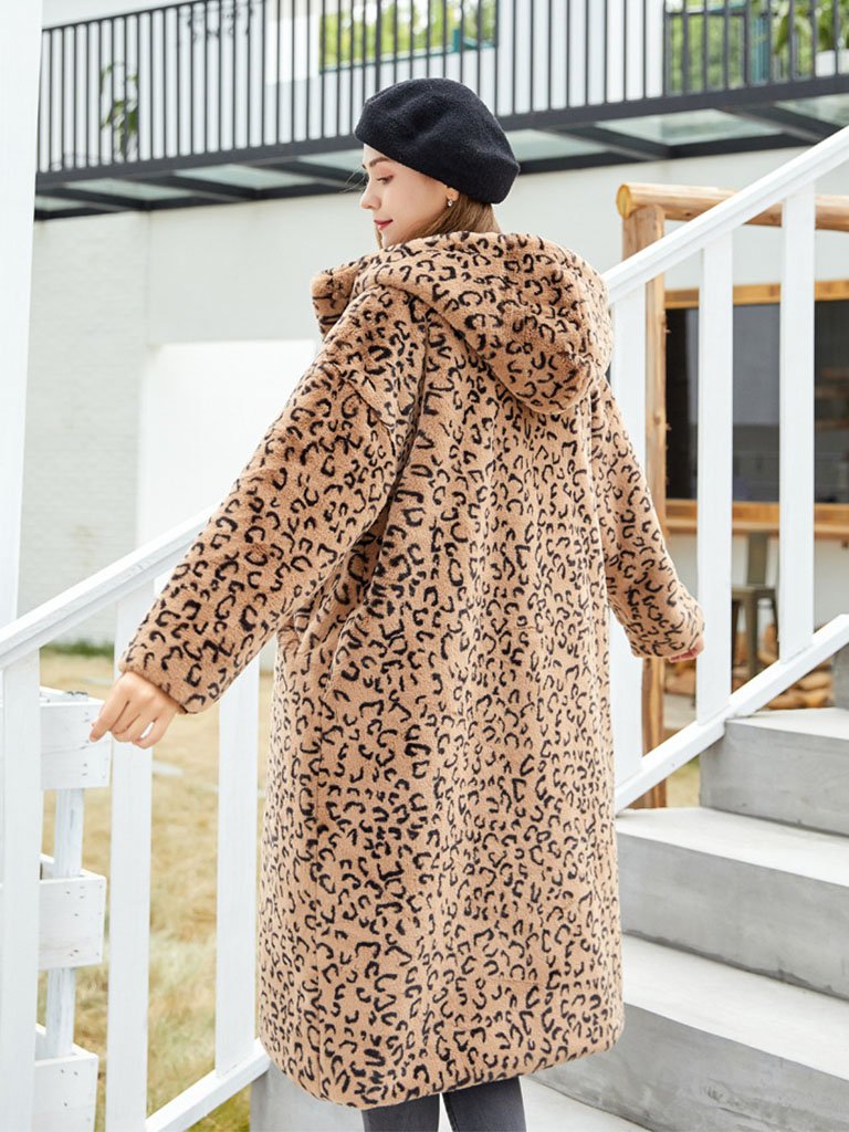 Faux Fur Coat Leopard Hooded Long Sleeve Oversized Winter Coat