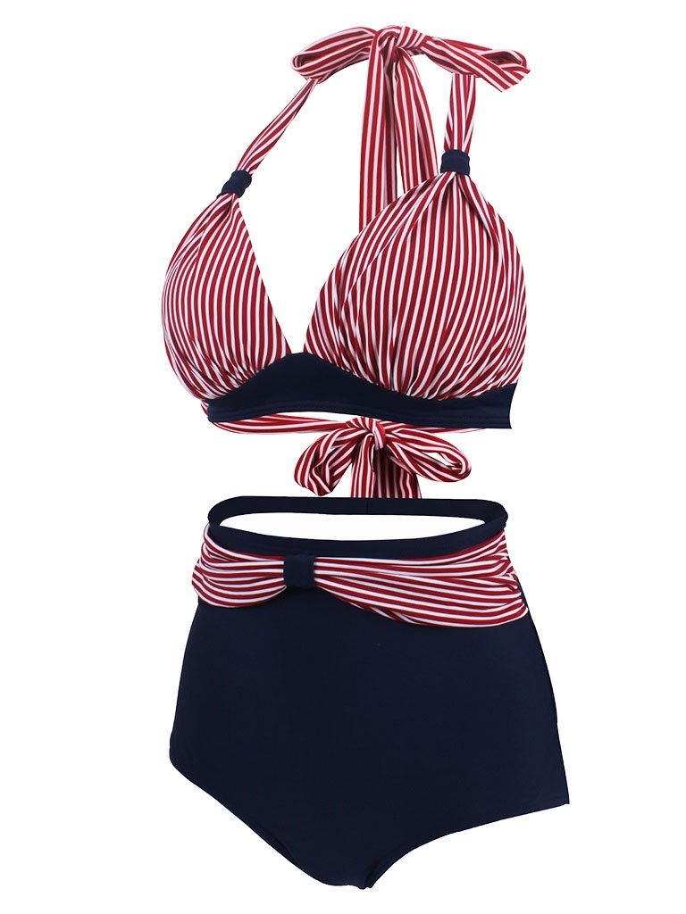 Concise Backless Retro Style Striated Two Pieces Bikini Bathing Suit
