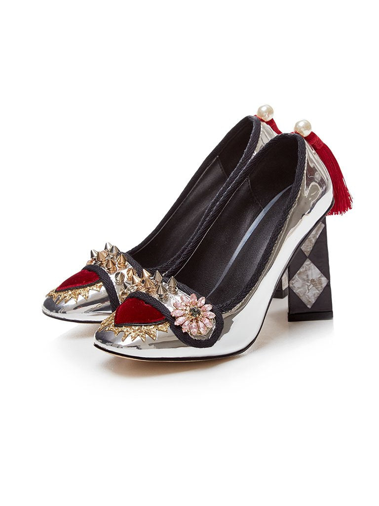Sweet Heart Rivet Chunky Heel  Vintage Shoes