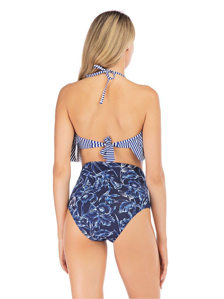 Retro Style High Waisted Backless Two Pieces Swimsuit Sets