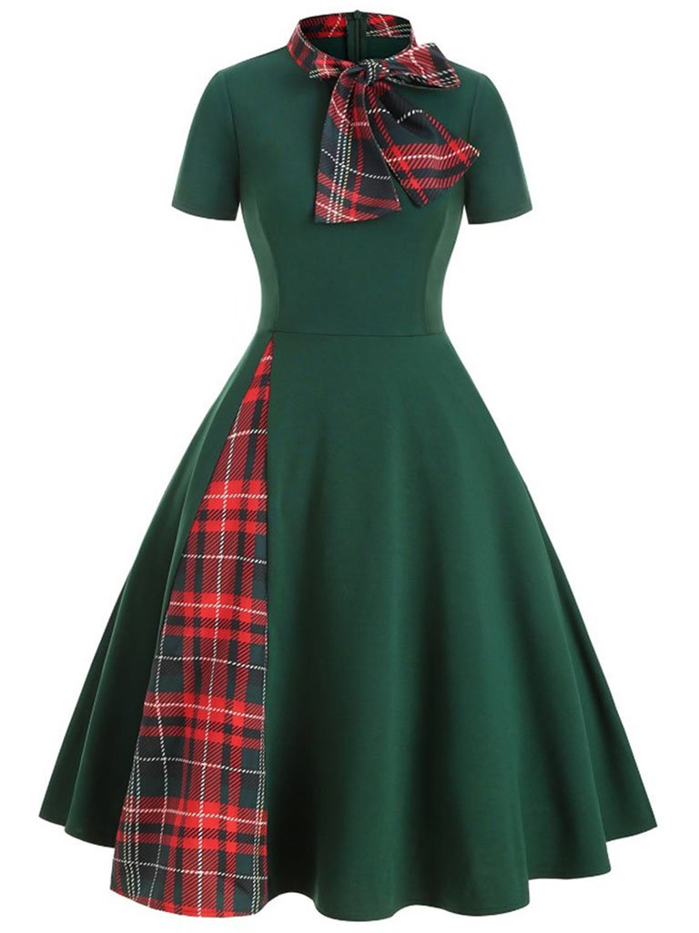 1950S Bow Collar Plaid Swing Dress
