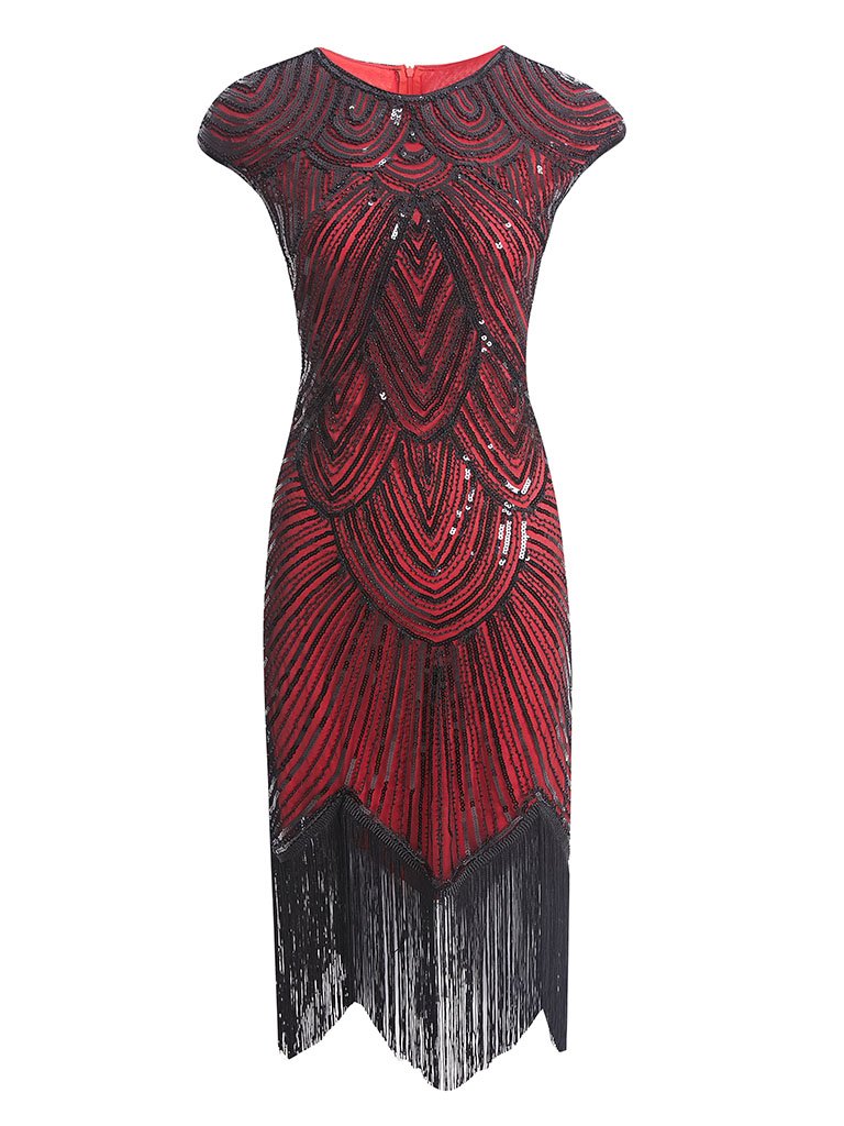 Spaghetti Straps Wine Red  Fringed Roaring 1920s Great Gatsby Dress