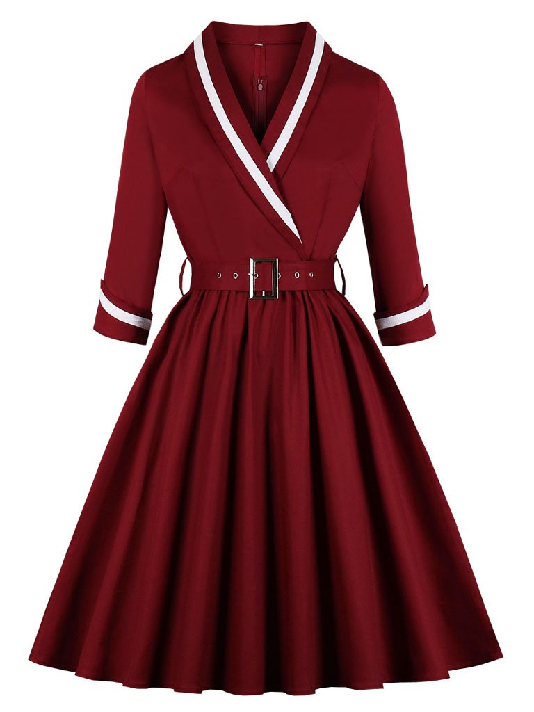 Navy 1950s V Neck Vintage Swing Dress