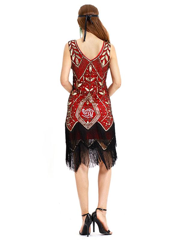 Wine Red 1920s V Neck Sequined Fringed Flapper Dres