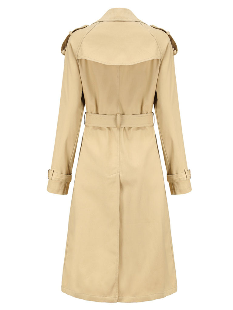Trench Coat Going out Fall Winter Turndown Collar Button Waisted Solid Color Long Coat